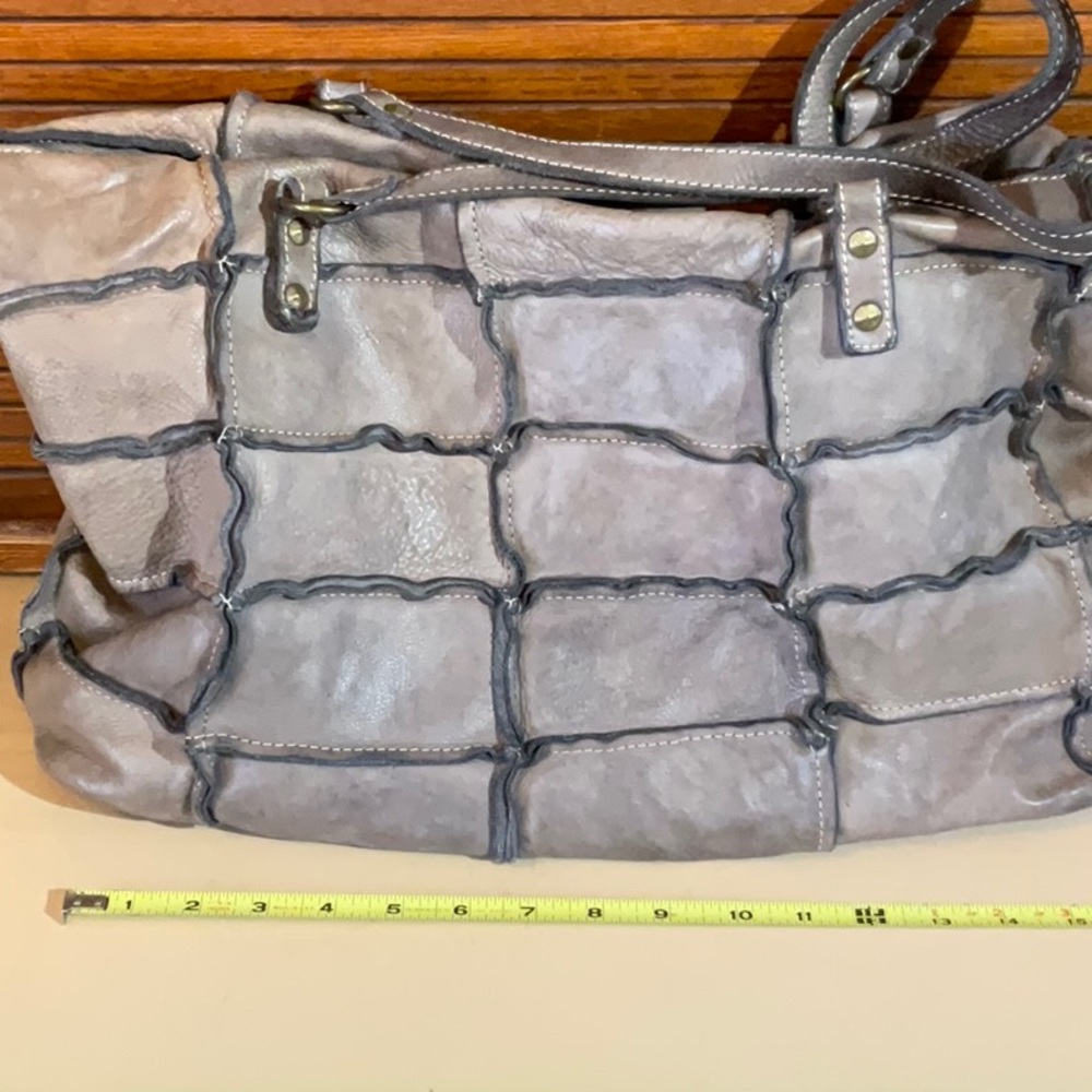 Neutral Gray Patchwork Tote with Stitched Detail - Picture 6 of 10